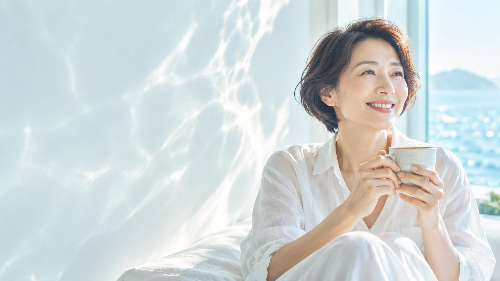 窓辺で紅茶を手に微笑む女性